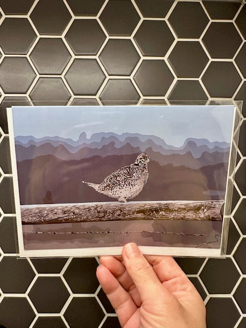 Hand holding a card with a sharp tailed grouse against a tiled wall.